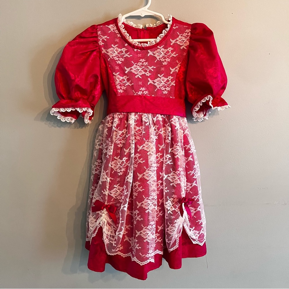 4/5 Little Girl's Pink & White Lace Handmade Dress Bows Back Zipper & Ribbon Tie